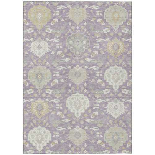 5' X 8' Lavender Gold And Green Damask Washable Indoor Outdoor Area Rug