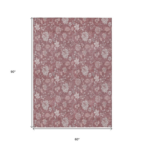 5' X 8' Blush Pink And Mauve Floral Washable Indoor Outdoor Area Rug
