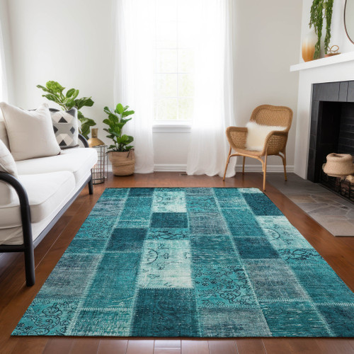 3' X 5' Teal Blue Aqua And Turquoise Patchwork Washable Indoor Outdoor Area Rug