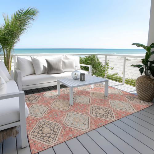 5' X 8' Salmon And Beige Floral Washable Indoor Outdoor Area Rug