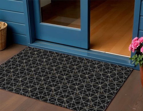 3' X 5' Black And Ivory Geometric Washable Indoor Outdoor Area Rug