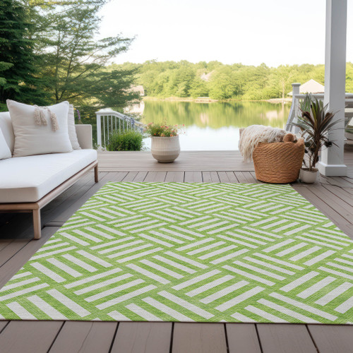 3' X 5' Lime Green And Ivory Geometric Washable Indoor Outdoor Area Rug