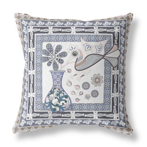 26" x 26" Beige Peacock Blown Seam Floral Indoor Outdoor Throw Pillow Decor