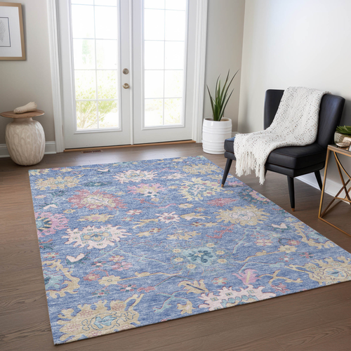 3' X 5' Blue Pink And Ivory Floral Washable Indoor Outdoor Area Rug