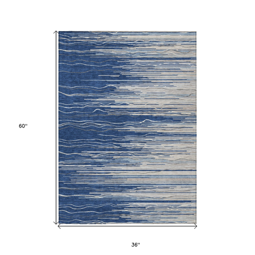 3' X 5' Navy Blue Gray And Ivory Striped Washable Indoor Outdoor Area Rug