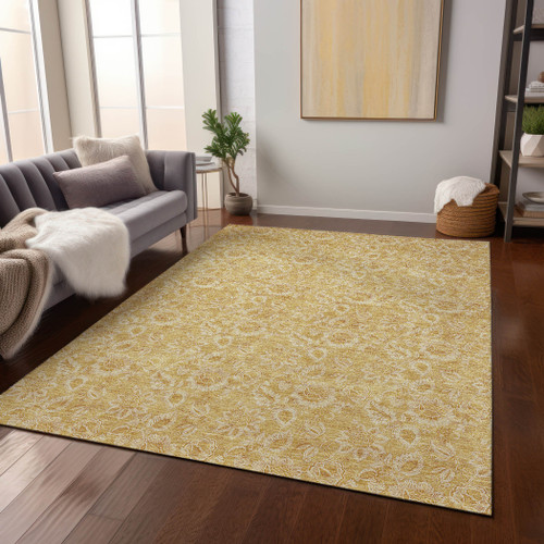 3' X 5' Gold And Wheat Floral Washable Indoor Outdoor Area Rug