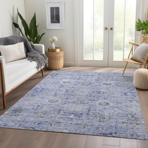 5' X 8' Blue And Gray Damask Washable Indoor Outdoor Area Rug
