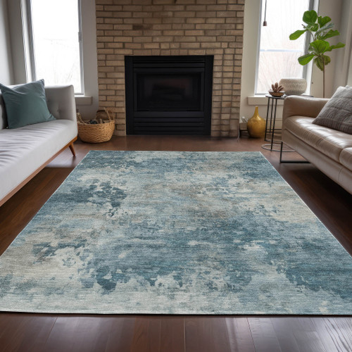 5' X 8' Teal Blue And Beige Abstract Washable Indoor Outdoor Area Rug - Teal Blue, Beige