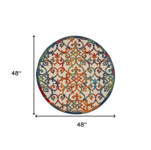 4' Ivory Blue Orange And Green Round Trellis Indoor Outdoor Area Rug