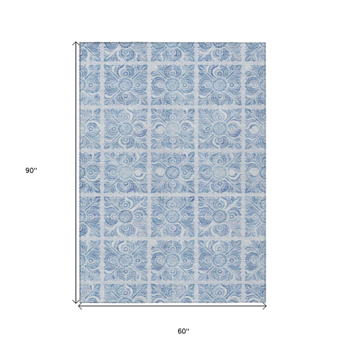 5' X 8' Sky Blue And Denim Blue Medallion Washable Indoor Outdoor Area Rug