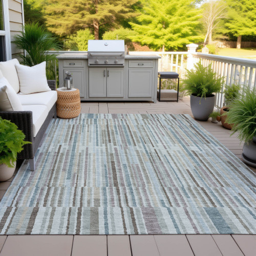 3' X 5' Teal Blue And Brown Striped Washable Indoor Outdoor Area Rug - Teal Blue, Brown