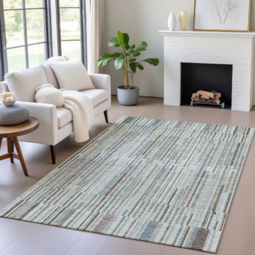 3' X 5' Teal Blue And Brown Striped Washable Indoor Outdoor Area Rug