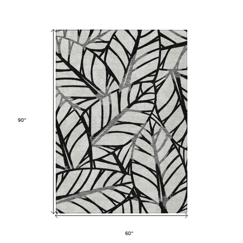 5' X 8' Black Gray And Beige Floral Washable Indoor Outdoor Area Rug