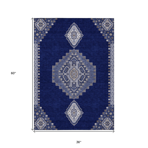 3' X 5' Navy Blue Gray And Brown Oriental Washable Indoor Outdoor Area Rug