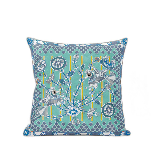 16" x 16" Aqua Peacock Blown Seam Floral Indoor Outdoor Throw Pillow Decor