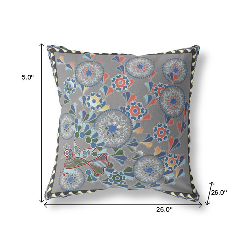 26" x 26" Gray Peacock Blown Seam Floral Indoor Outdoor Throw Pillow Modern Style