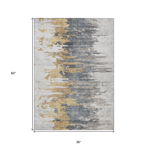 3' X 5' Ivory Charcoal And Silver Abstract Washable Indoor Outdoor Area Rug
