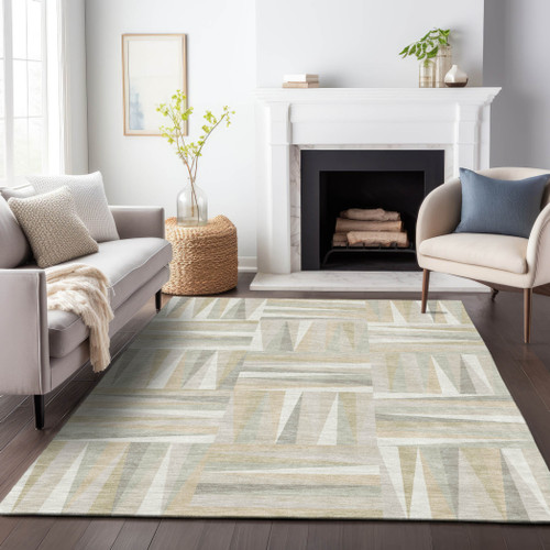 3' X 5' Ivory Beige And Gray Geometric Washable Indoor Outdoor Area Rug