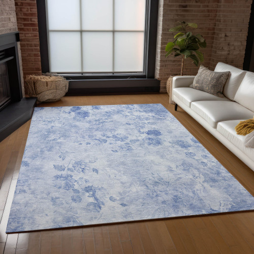 3' X 5' Sky Blue And Denim Blue Floral Washable Indoor Outdoor Area Rug - Sky Blue, Denim Blue