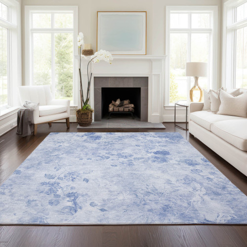 3' X 5' Sky Blue And Denim Blue Floral Washable Indoor Outdoor Area Rug