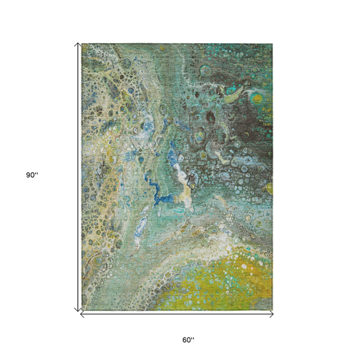 5' X 8' Teal Blue Lime Green And Green Abstract Washable Indoor Outdoor Area Rug