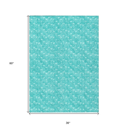 3' X 5' Turquoise Geometric Washable Non Skid Indoor Outdoor Area Rug