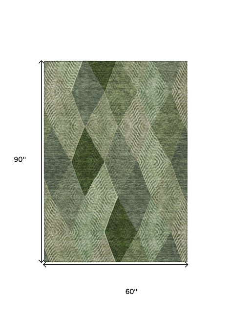 5' X 8' Green Mint Green And Sage Argyle Washable Indoor Outdoor Area Rug