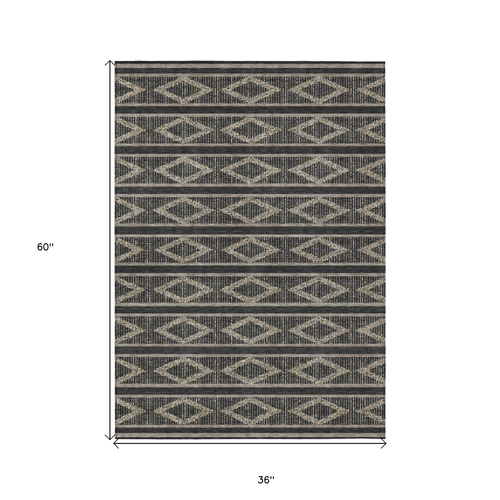 3' X 5' Black And Beige Geometric Washable Indoor Outdoor Area Rug