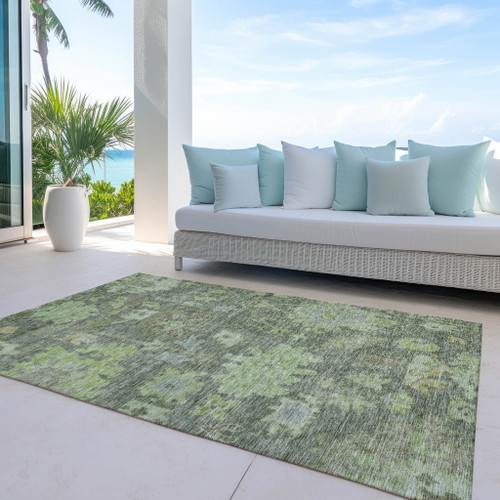 3' X 5' Fern Green And Olive Green Floral Washable Indoor Outdoor Area Rug