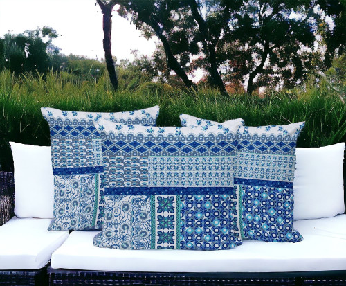 Set of Three 16" X 16" Blue and White Botanical Indoor Outdoor Throw Pillow