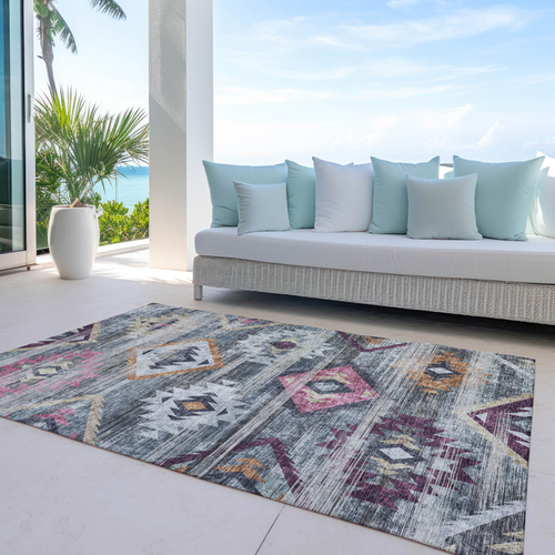 3' X 5' Gray Charcoal And Silver Southwestern Washable Indoor Outdoor Area Rug