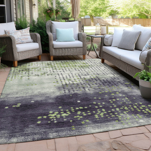 5' X 8' Artichoke Green And Purple Geometric Washable Indoor Outdoor Area Rug