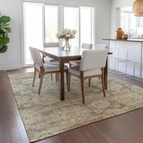 5' X 8' Brown Tan And Beige Floral Washable Indoor Outdoor Area Rug