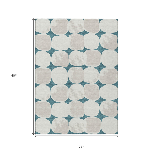 3' X 5' Teal Blue Beige And Ivory Abstract Washable Indoor Outdoor Area Rug