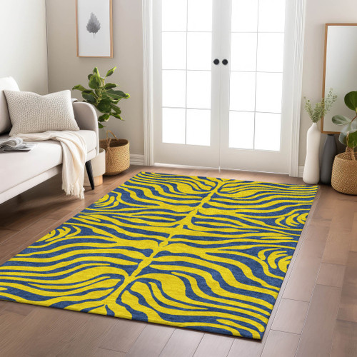 3' X 5' Yellow And Blue Animal Print Washable Indoor Outdoor Area Rug