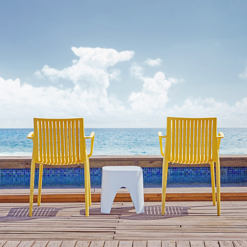 Set of Two Yellow Heavy Duty Plastic Outdoor Stacking Arm Chairs