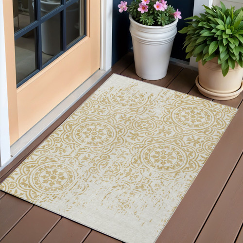 3' X 5' Gold And Ivory Medallion Washable Indoor Outdoor Area Rug