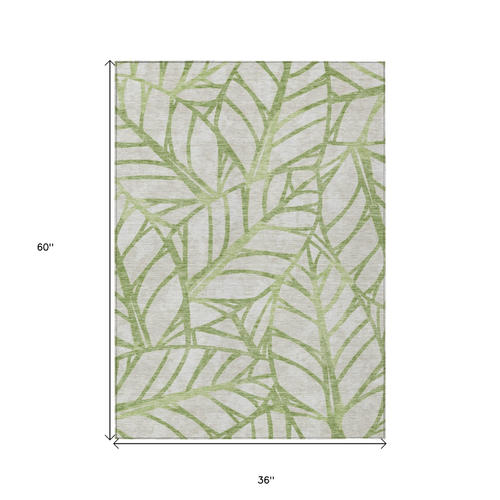 3' X 5' Artichoke Green And Beige Floral Washable Indoor Outdoor Area Rug