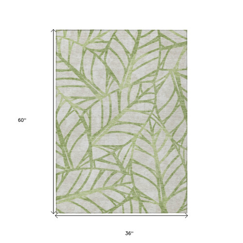 3' X 5' Artichoke Green And Beige Floral Washable Indoor Outdoor Area Rug