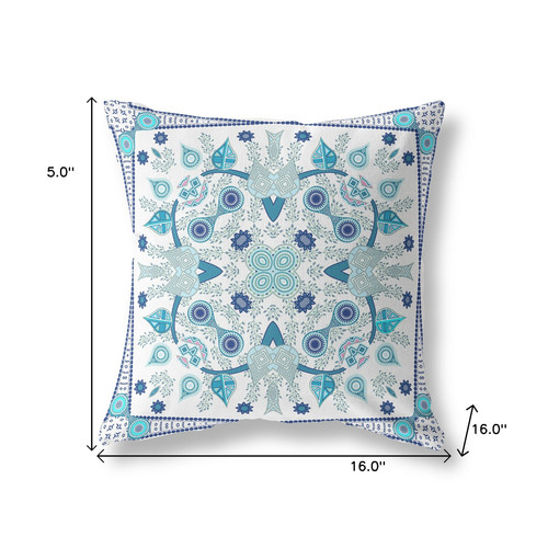 16" x 16" Blue and White Blown Seam Paisley Indoor Outdoor Throw Pillow