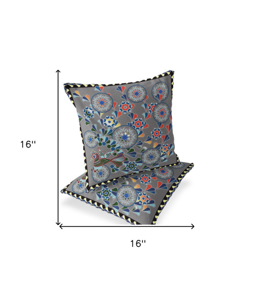 Set of Two 16" X 16" Gray and Yellow Peacock Blown Seam Floral Indoor Outdoor Throw Pillow Polyester Home Accent