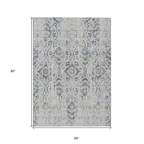 5' X 8' Gray Black And Green Floral Washable Indoor Outdoor Area Rug