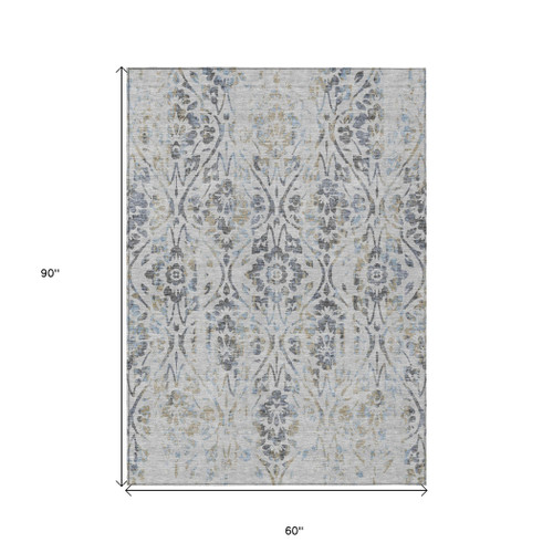 5' X 8' Gray Black And Green Floral Washable Indoor Outdoor Area Rug