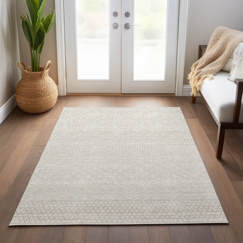 3' X 5' Ivory And Beige Chevron Washable Indoor Outdoor Area Rug