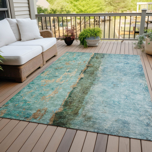 5' X 8' Blue Teal Blue And Gold Abstract Washable Indoor Outdoor Area Rug