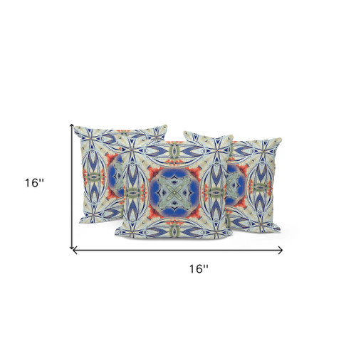 Set of Three 16" X 16" Blue and Pink Blown Seam Floral Indoor Outdoor Throw Pillow Polyester
