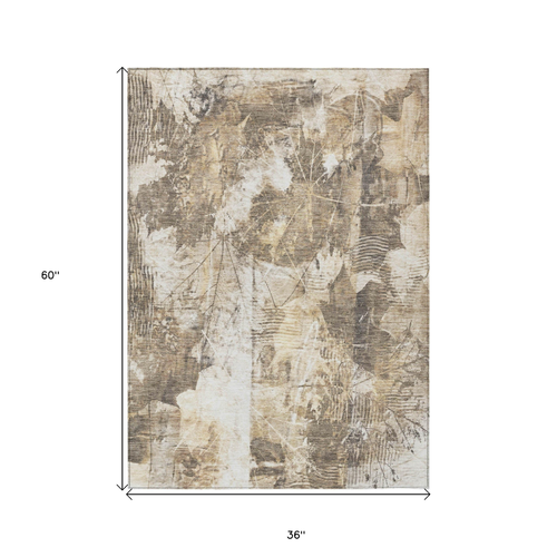 3' X 5' Taupe and Ivory Floral Washable Non Skid Indoor Outdoor Area Rug