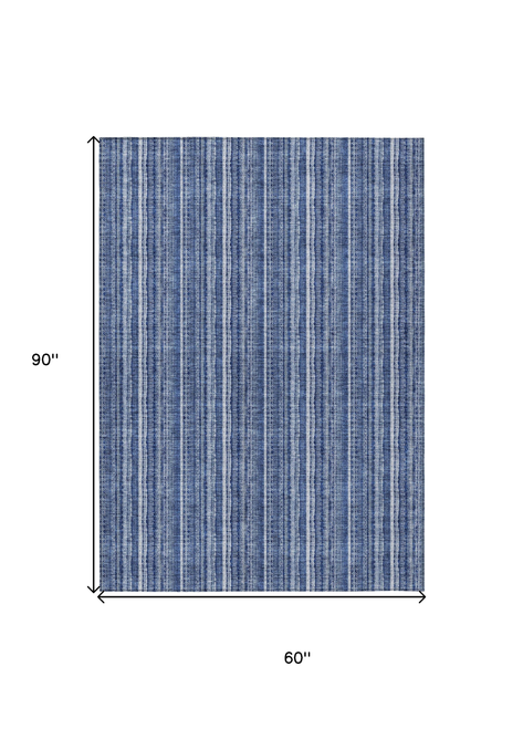 5' X 8' Denim Blue And Ivory Striped Washable Indoor Outdoor Area Rug