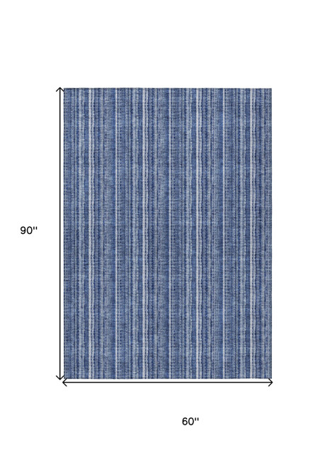 5' X 8' Denim Blue And Ivory Striped Washable Indoor Outdoor Area Rug