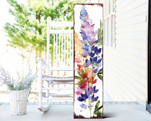 36" White Blue And Purple Watercolor Floral Solid Wood Porch Sign